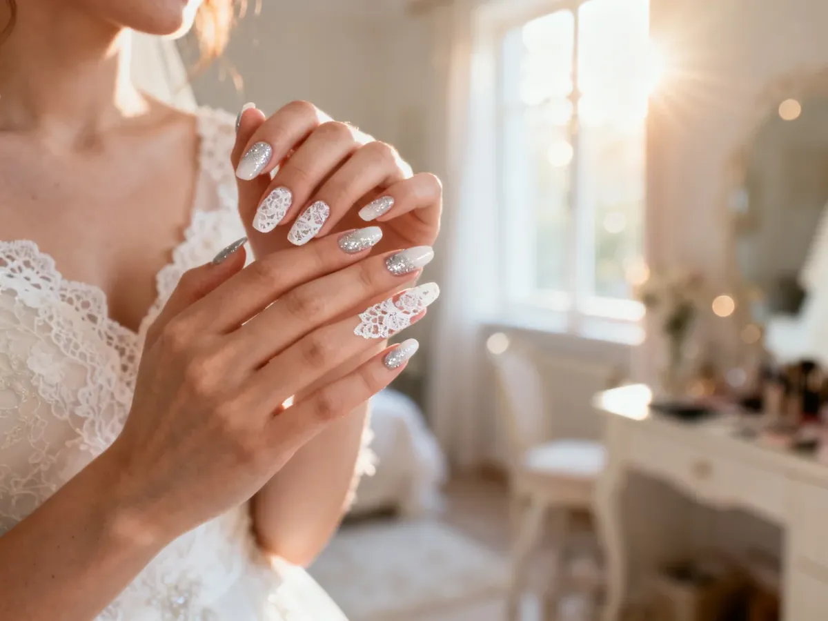 Elegancki manicure ślubny z białym koronkowym wzorem i srebrnym brokatem na tle jasnego, słonecznego pokoju.