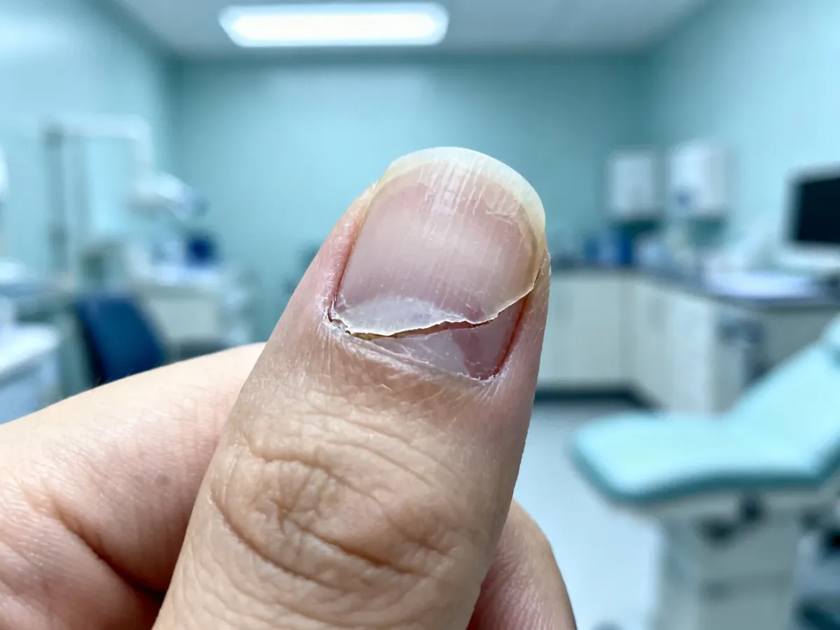 Zbliżenie na paznokieć z widoczną onycholizą, czyli oddzieleniem płytki paznokcia od łożyska w warunkach klinicznych.