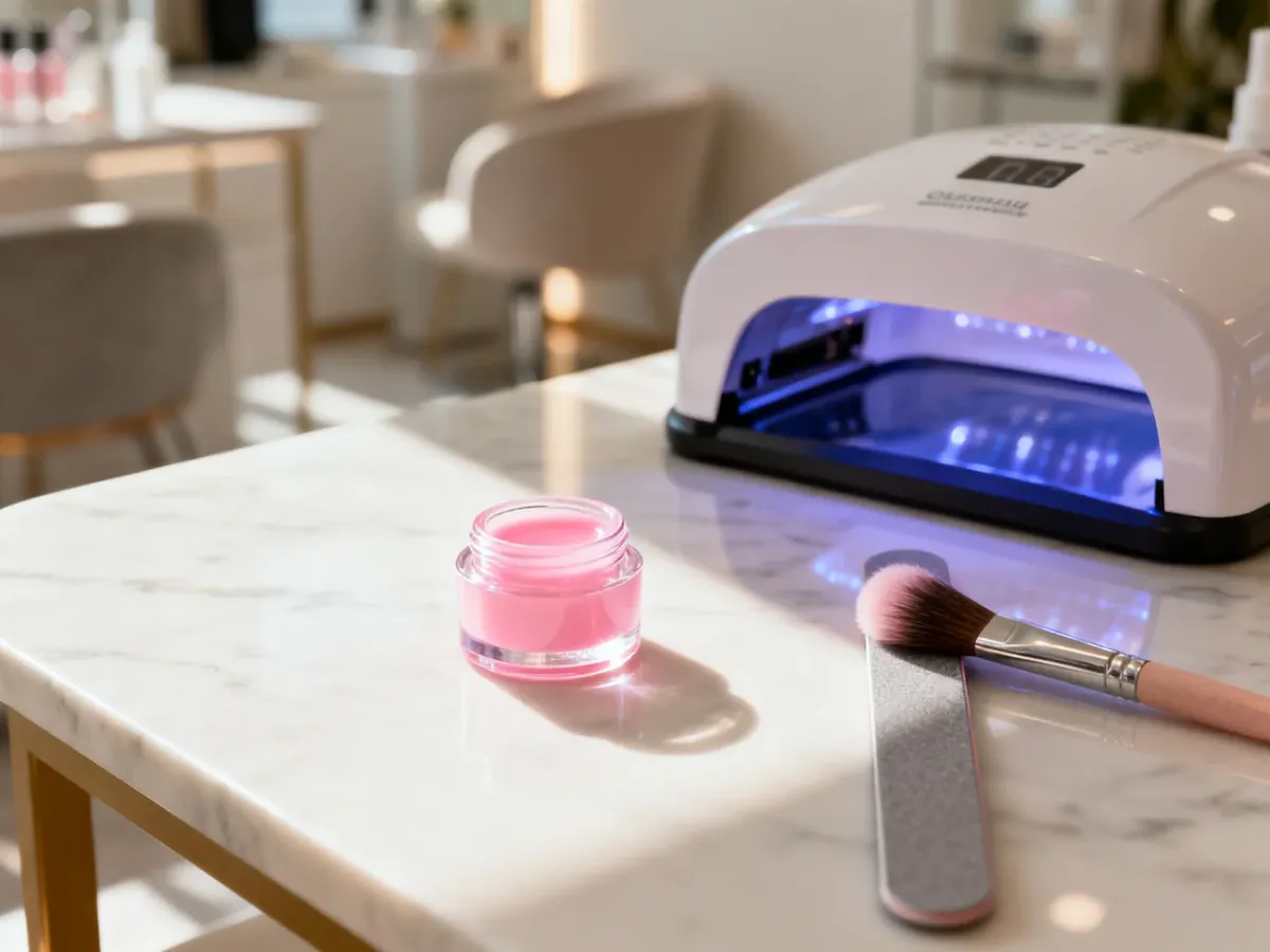 Profesjonalny zestaw do manicure z żelem, lampą UV i akcesoriami na marmurowym blacie, gotowy do wykonania stylizacji paznokci.