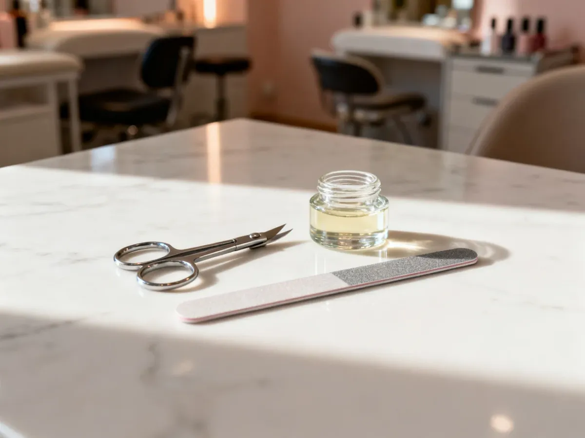 Profesjonalne akcesoria do manicure oraz oliwka do paznokci na marmurowym blacie w salonie kosmetycznym.