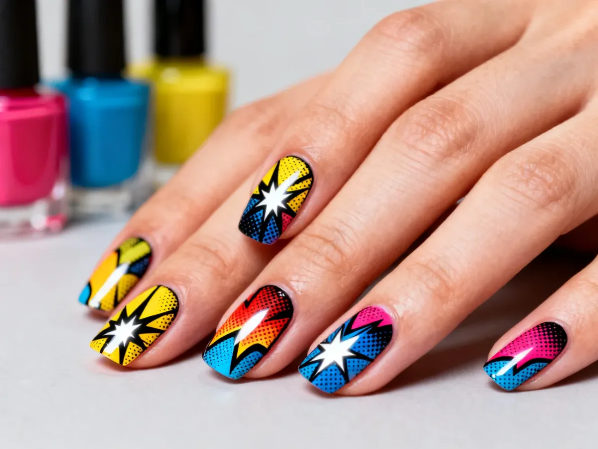 Dłonie z modnym manicure w stylu komiksowym: wyraziste kontury i żywe kolory z efektem połysku.