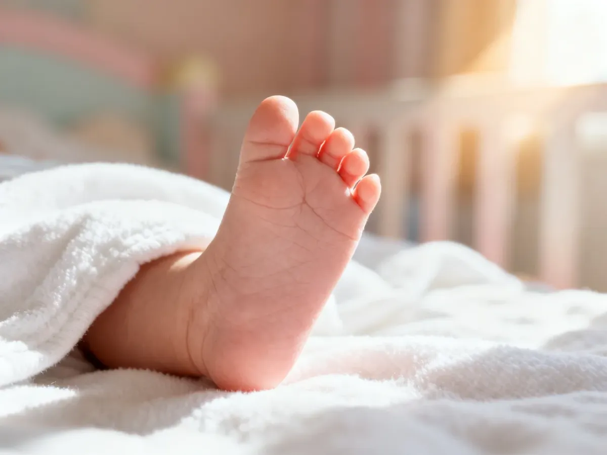 Zbliżenie na stopę niemowlęcia spoczywającą na białym kocyku, podkreślające delikatność i higienę pielęgnacji stóp.
