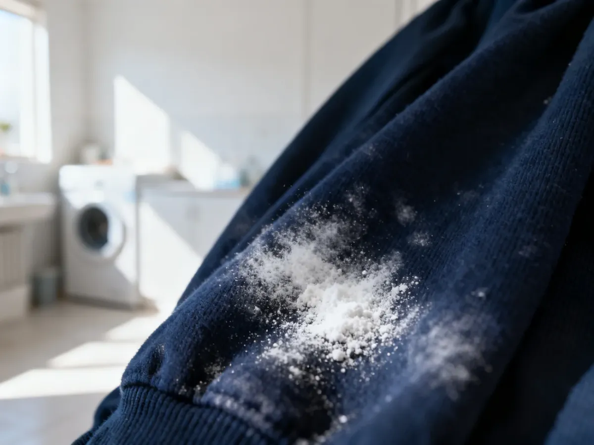 Zbliżenie na ciemny materiał z widocznymi białymi śladami po antyperspirancie, wymagającymi usunięcia.