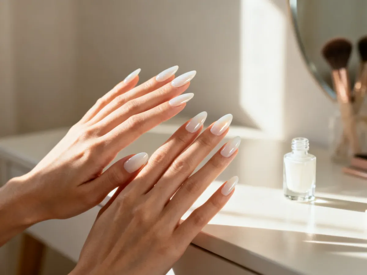 Zadbane dłonie z modnym manicure w kolorze mlecznej bieli o półtransparentnym wykończeniu. Elegancka i minimalistyczna stylizacja.