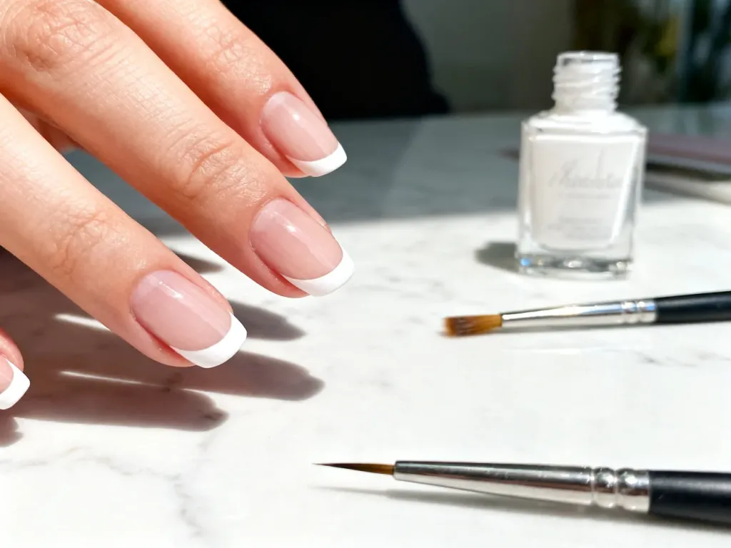 Zbliżenie na profesjonalny manicure z idealnie równą białą linią french na paznokciu oraz narzędzia do stylizacji.