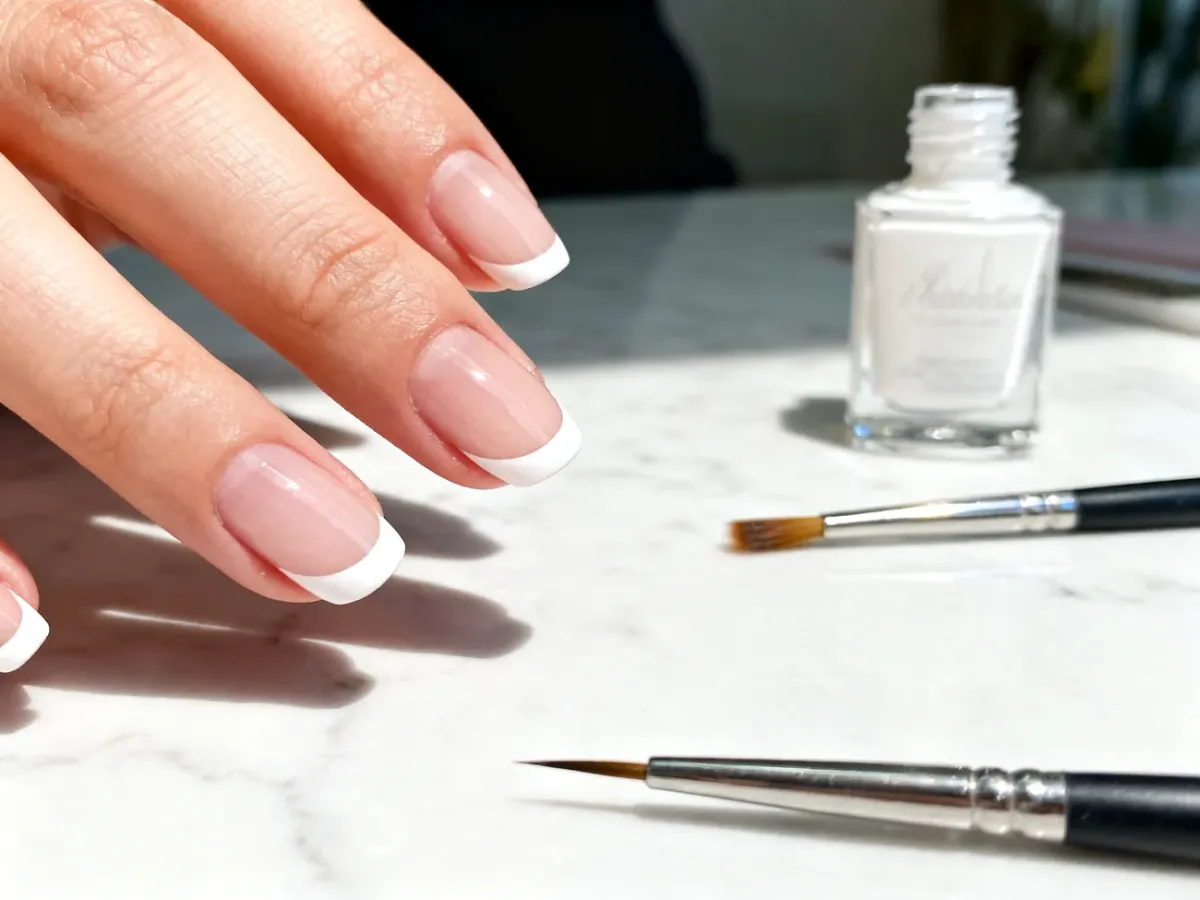 Zbliżenie na profesjonalny manicure z idealnie równą białą linią french na paznokciu oraz narzędzia do stylizacji.