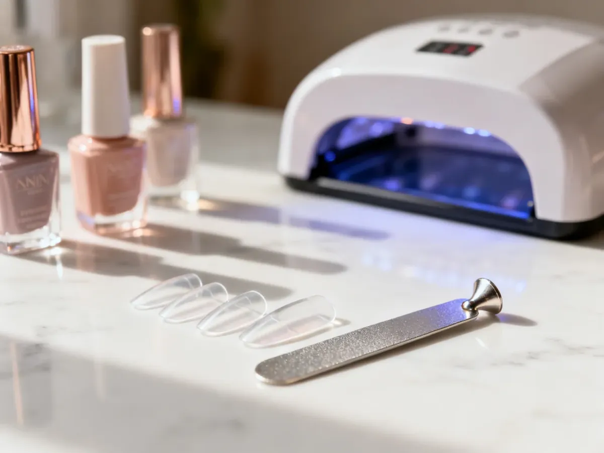 Przezroczyste tipsy oraz metalowa forma do przedłużania paznokci na marmurowym blacie w profesjonalnym salonie manicure.