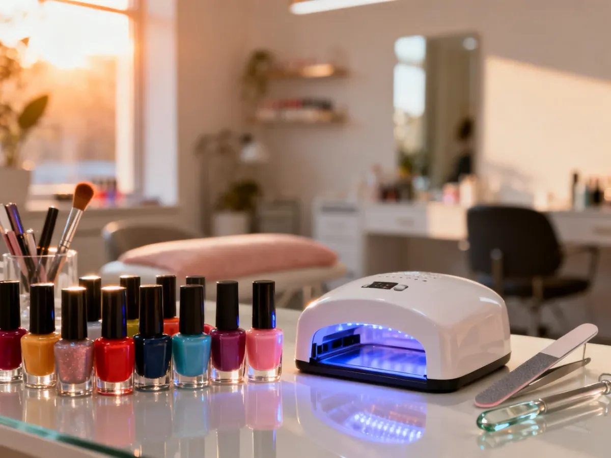 Stanowisko do manicure z lakierami, lampą LED i profesjonalnymi narzędziami w nowoczesnym salonie kosmetycznym.
