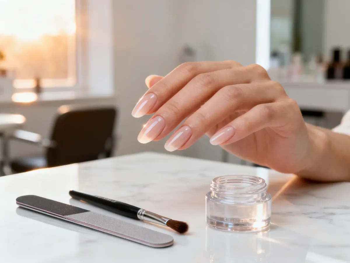 Profesjonalne narzędzia do manicure i żel budujący na marmurowym blacie obok zadbanych dłoni z gotowymi paznokciami.