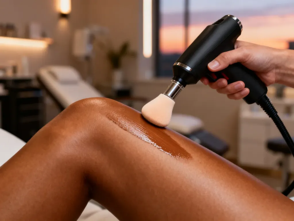 Profesjonalny sprzęt do opalania natryskowego podczas poprawiania smugi na skórze za pomocą gąbki kosmetycznej.