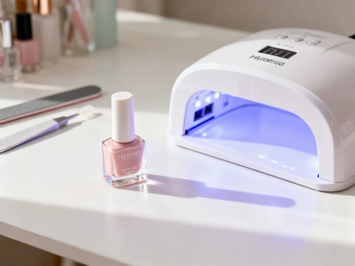 Butelka lakieru hybrydowego Eveline oraz profesjonalna lampa LED na minimalistycznym biurku do manicure.
