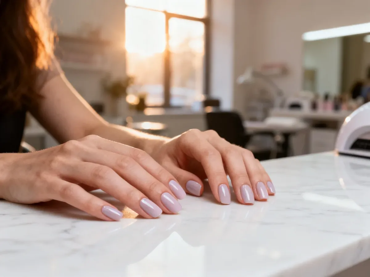 Zadbane dłonie z pastelowym manicure hybrydowym na marmurowym blacie w profesjonalnym salonie kosmetycznym.