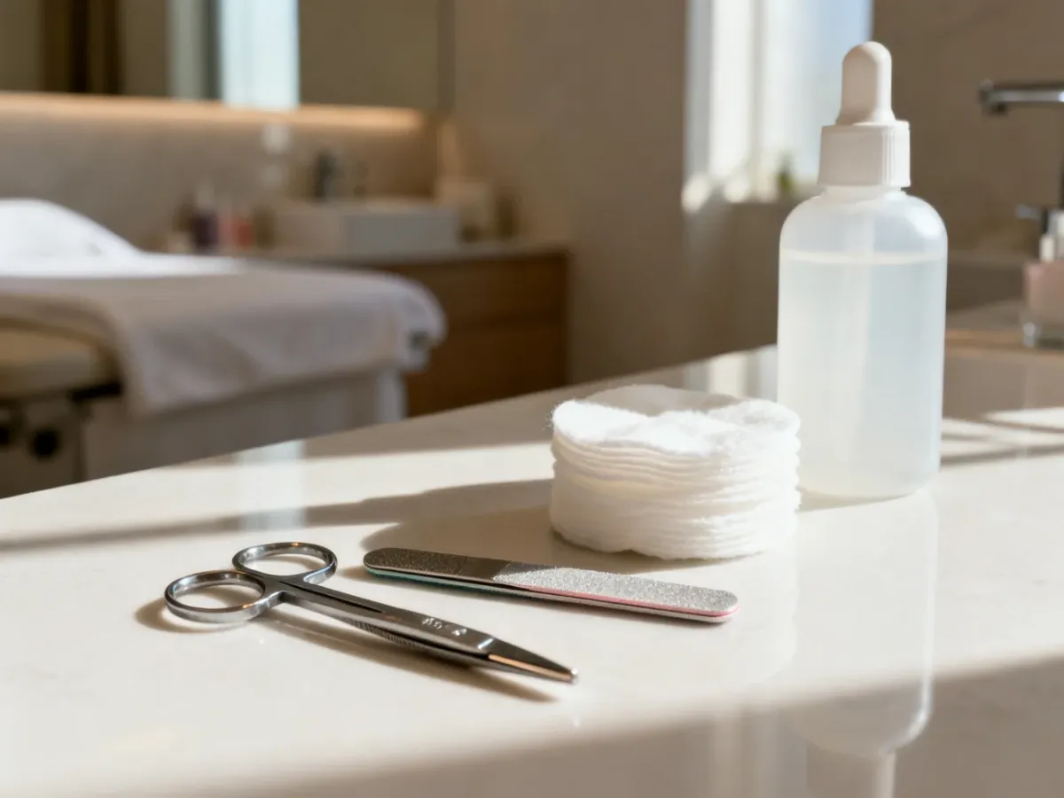 Profesjonalne narzędzia do pedicure, waciki i zmywacz do paznokci na jasnym, estetycznym blacie w łazience.