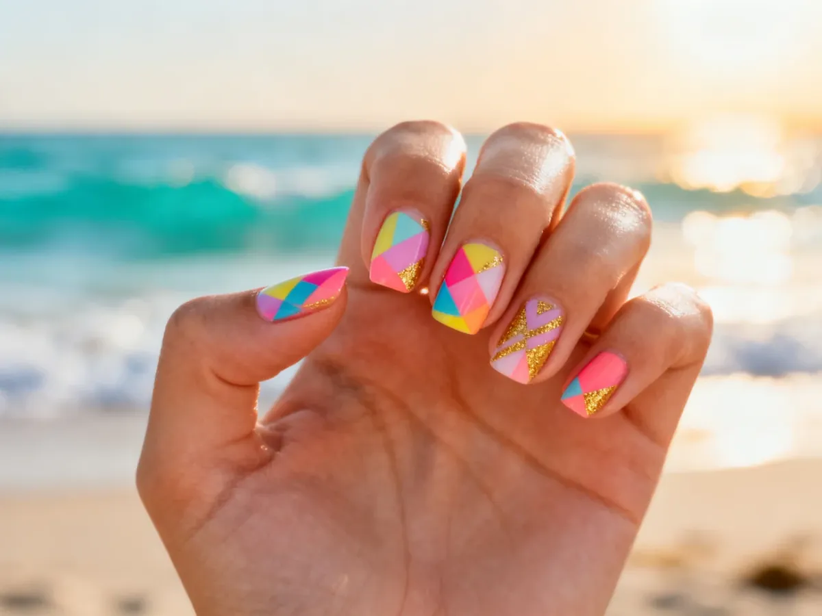 Dłoń z modnym, letnim manicure w geometryczne wzory i złote akcenty na tle słonecznej plaży.