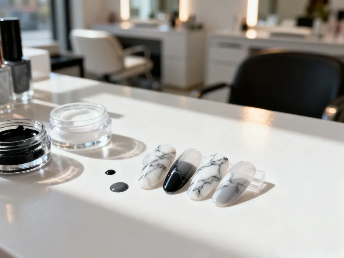 Profesjonalny manicure z wzorem marmurkowym na tipsach oraz akcesoria do stylizacji paznokci w jasnym salonie.