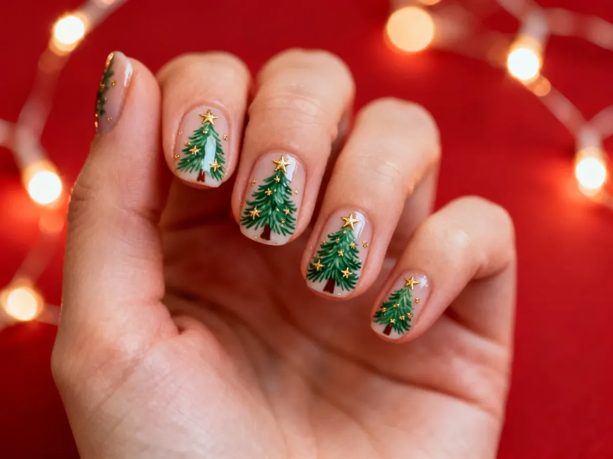 Elegancki manicure z ręcznie malowaną choinką i złotymi gwiazdkami na czerwonym tle, utrzymany w świątecznym klimacie.