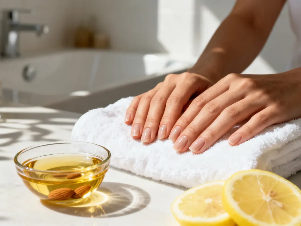 Zadbane paznokcie na tle olejku migdałowego i cytryny, ilustrujące domowe sposoby na regenerację płytki w domowym spa.