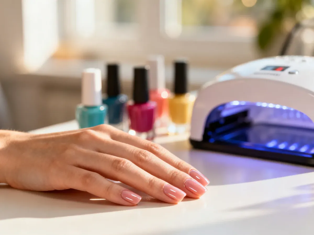 Zadbana dłoń z lśniącym manicure hybrydowym na tle profesjonalnych akcesoriów do stylizacji paznokci.