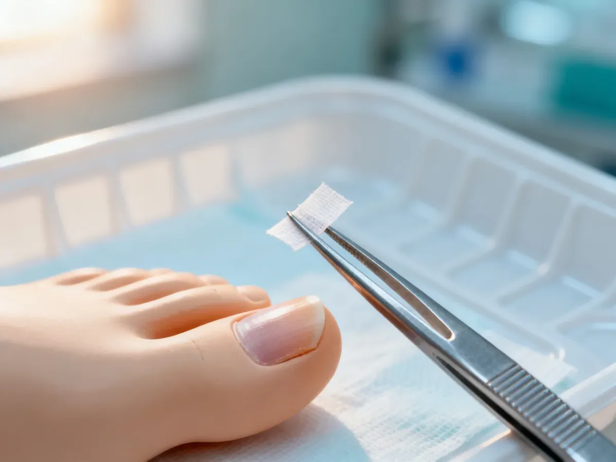 Profesjonalne narzędzia podologiczne i pęseta z tamponadą przygotowaną do aplikacji na wrastający paznokieć.