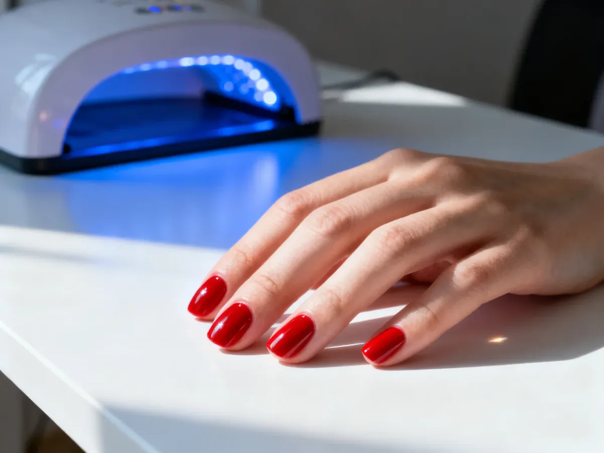 Dłoń z idealnie pomalowanymi na czerwono paznokciami obok profesjonalnej lampy do manicure w świetle poranka.