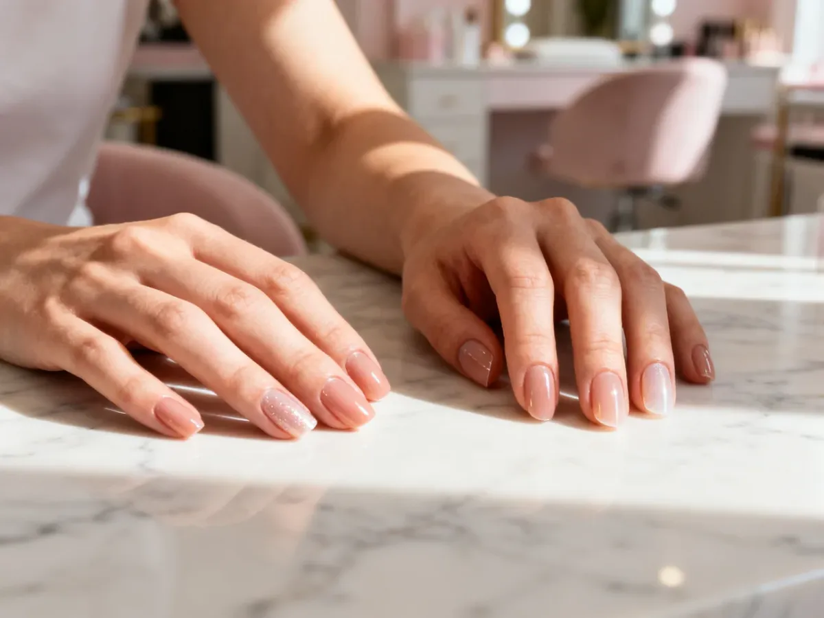 Zadbane dłonie z profesjonalnym manicure hybrydowym i żelowym na tle marmurowego blatu w salonie kosmetycznym.