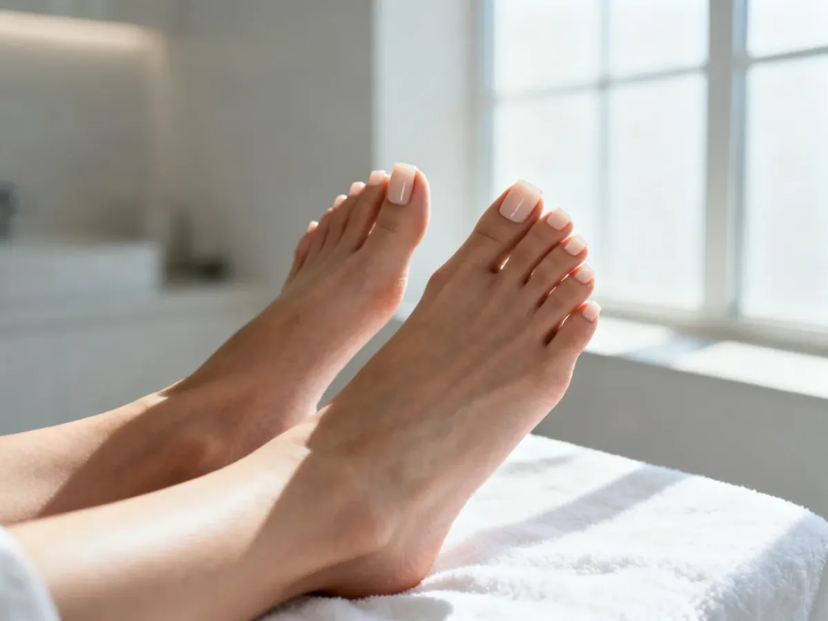 Zadbane stopy z paznokciami w kształcie zaokrąglonego kwadratu na białym ręczniku w profesjonalnym salonie spa.