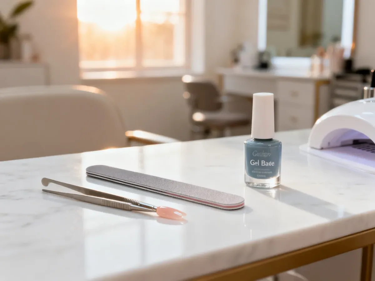 Profesjonalne narzędzia do manicure i baza żelowa na marmurowym blacie w jasnym, estetycznym salonie kosmetycznym.