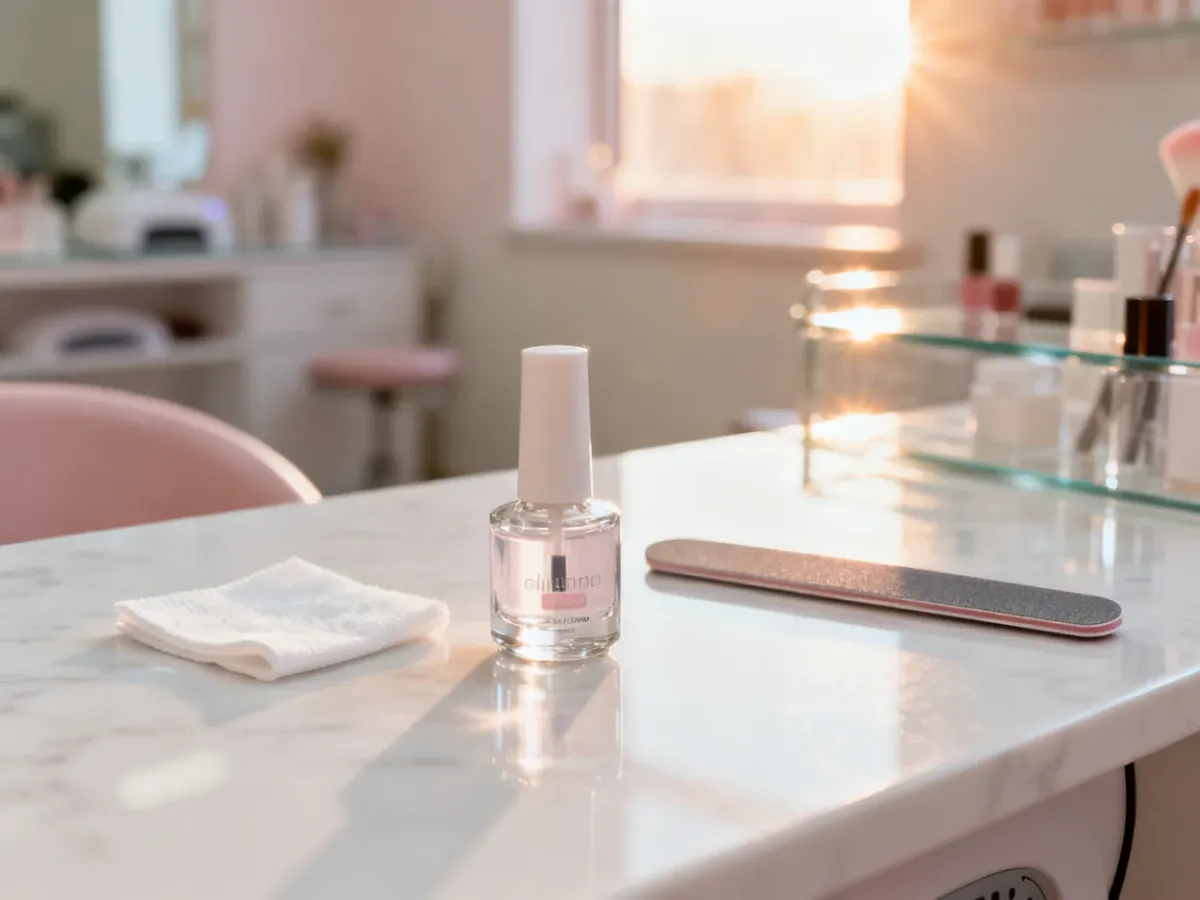 Profesjonalne stanowisko do manicure z odtłuszczaczem, pilnikiem i bezpyłowym wacikiem na marmurowym blacie.