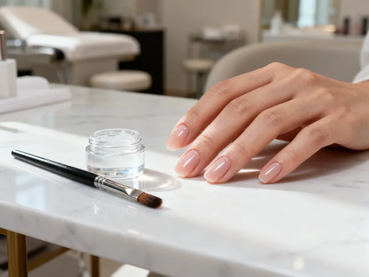 Profesjonalnie wykonany manicure z idealnie wygładzoną płytką paznokcia oraz zestawem do żelowania na marmurowym blacie.