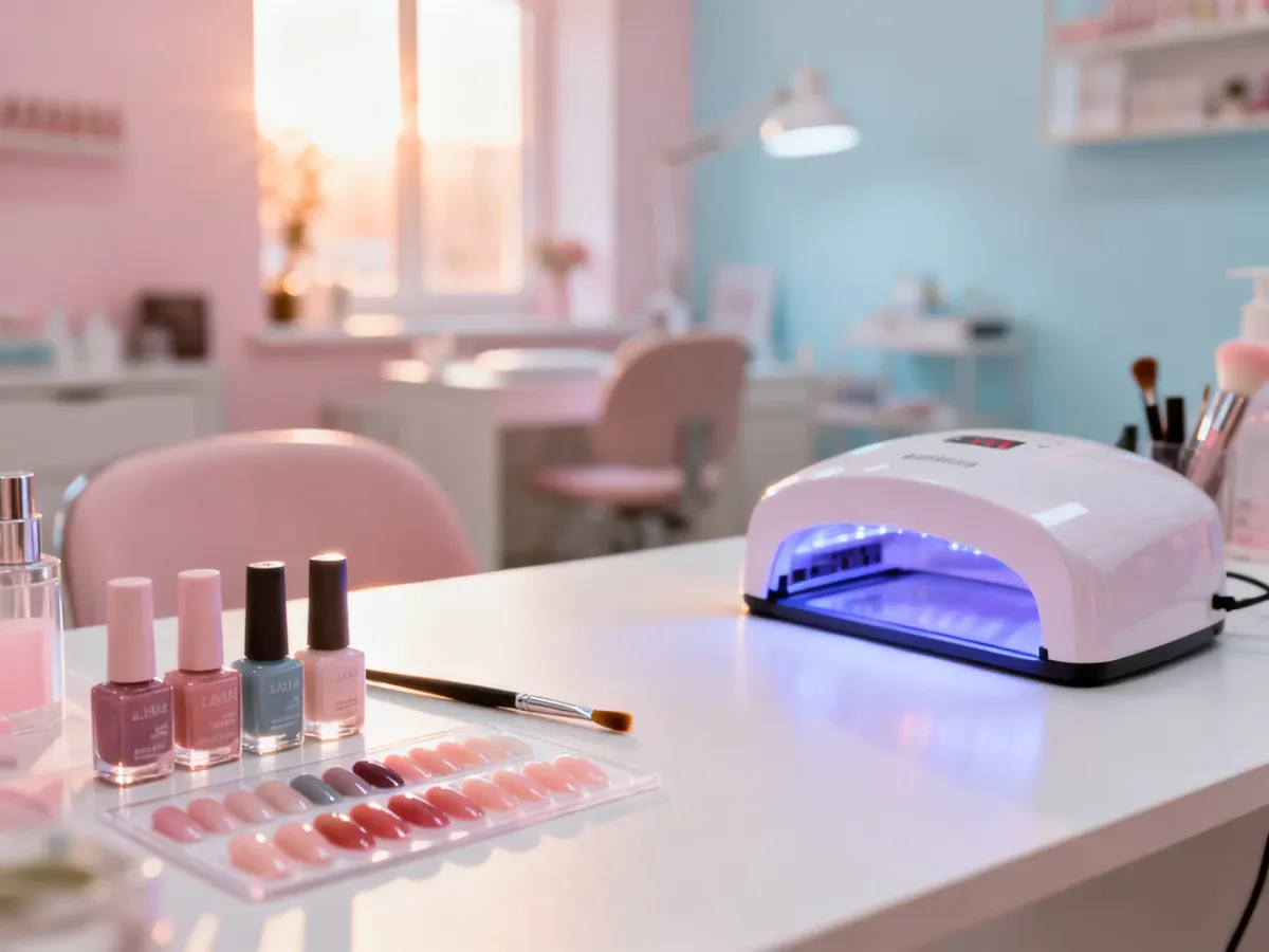 Profesjonalne stanowisko do manicure z żelami, pędzelkiem i lampą UV w jasnym, minimalistycznym salonie kosmetycznym.