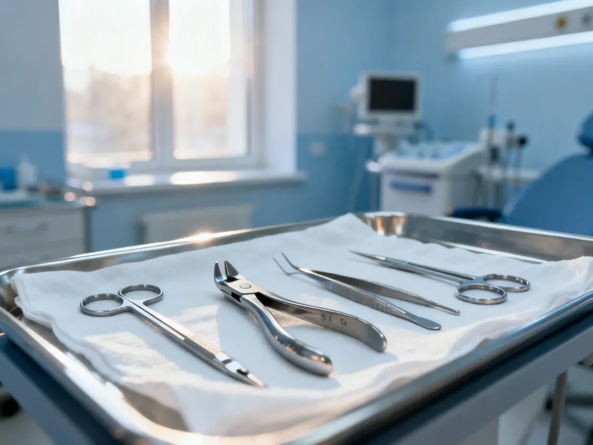 Profesjonalne narzędzia podologiczne na sterylnym stole zabiegowym w nowoczesnym gabinecie lekarskim.