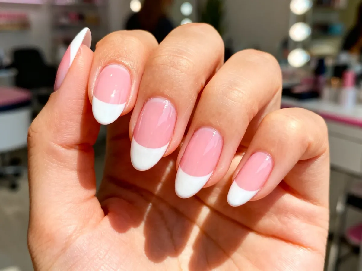 Klasyczny manicure francuski na zadbanych paznokciach w kształcie migdałków z wyraźnymi białymi końcówkami.