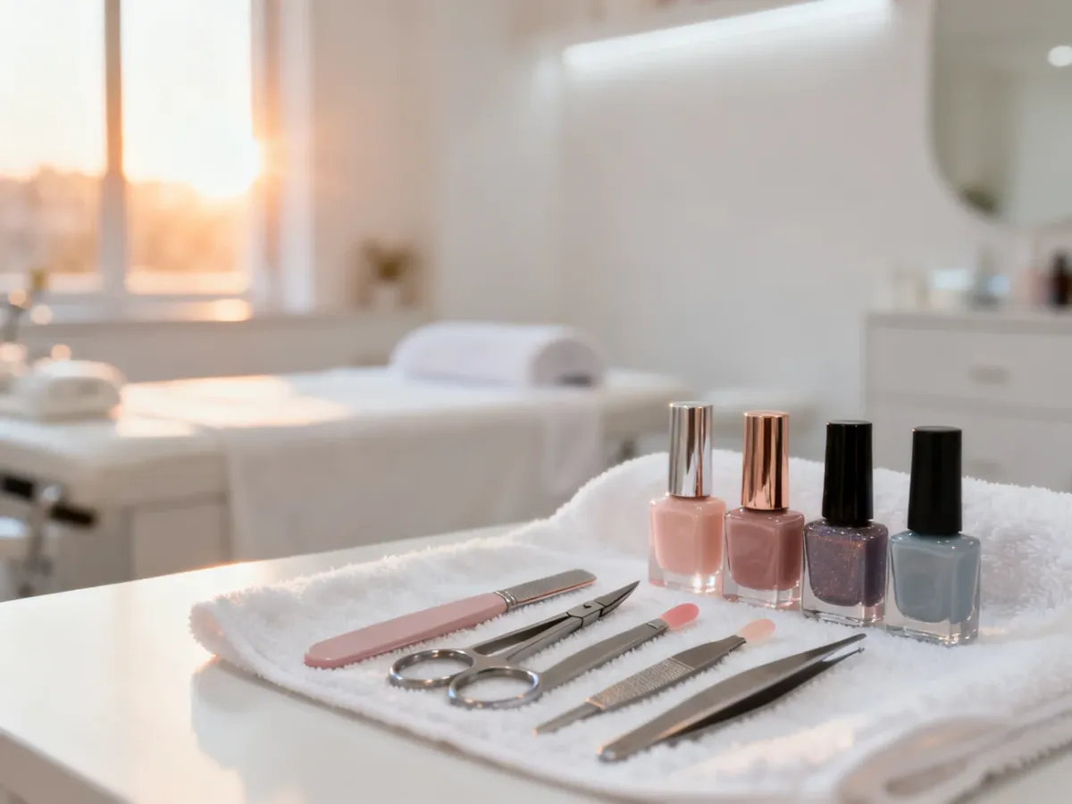 Profesjonalne stanowisko do pedicure z zestawem lakierów i narzędzi w jasnym, nowoczesnym wnętrzu spa.