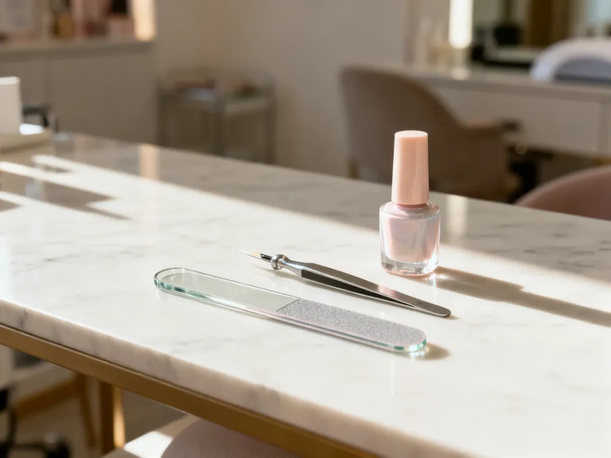 Zestaw profesjonalnych narzędzi do manicure oraz pastelowy lakier ułożone na marmurowym blacie w salonie kosmetycznym.