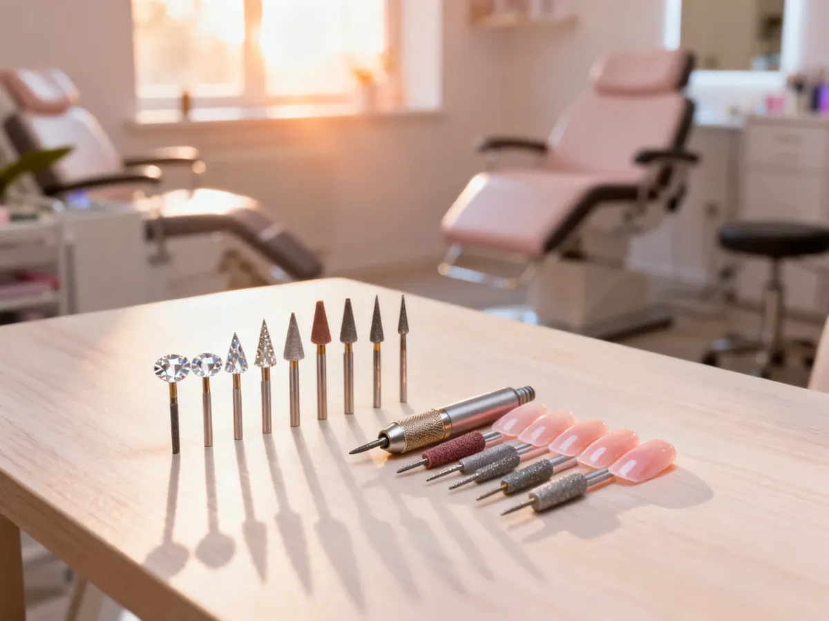 Różnorodne frezy do manicure ułożone na drewnianym stole, prezentujące profesjonalny zestaw narzędzi do stylizacji paznokci.