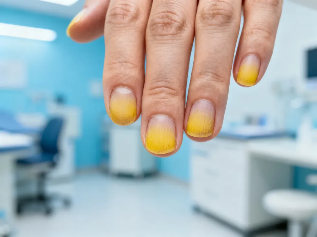 Zbliżenie na dłoń z zażółconą płytką paznokcia, ilustrujące możliwe problemy zdrowotne i konieczność diagnostyki.