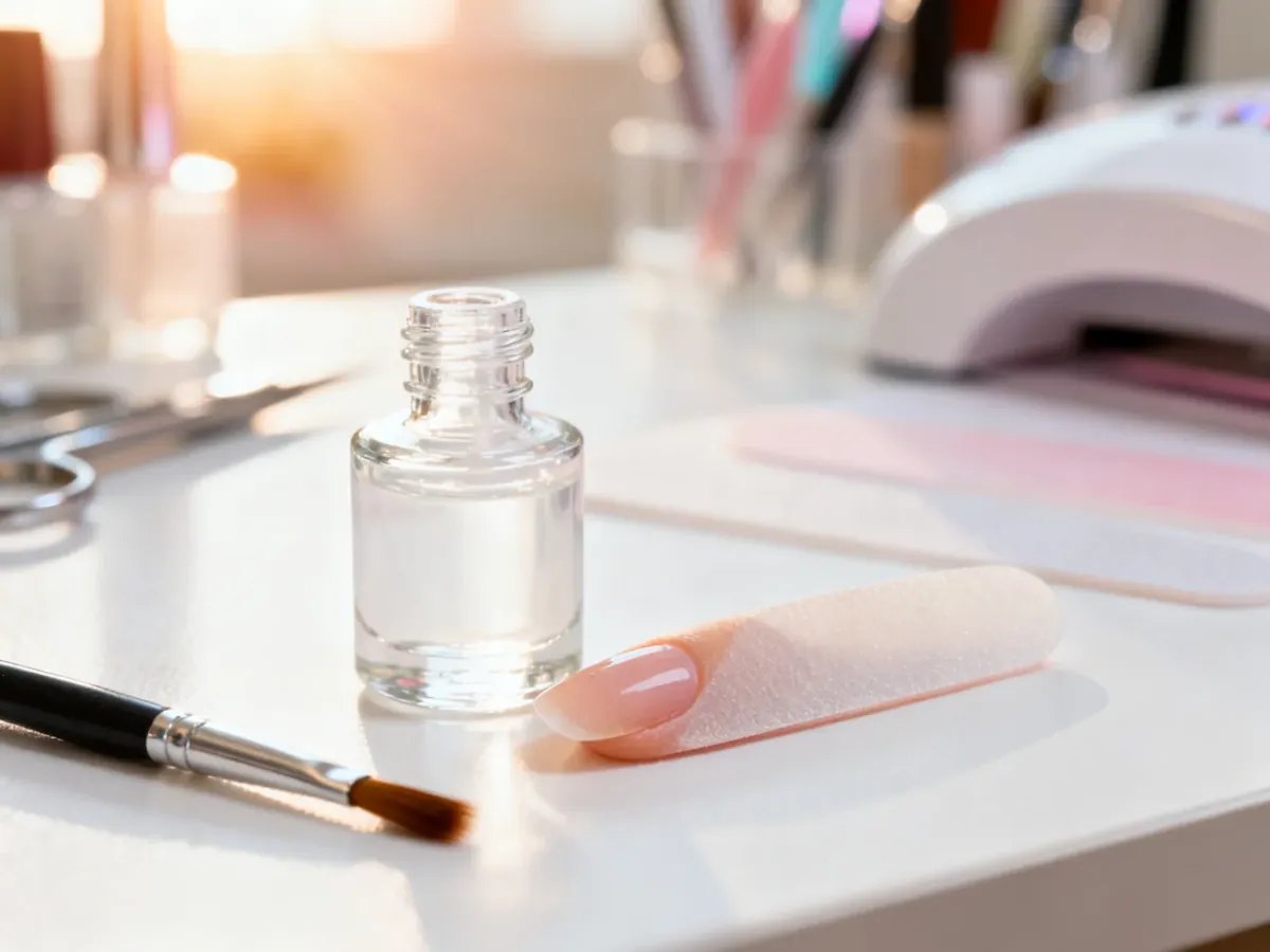 Buteleczka bondera do paznokci z pędzelkiem obok zadbanego paznokcia na stanowisku do profesjonalnego manicure.