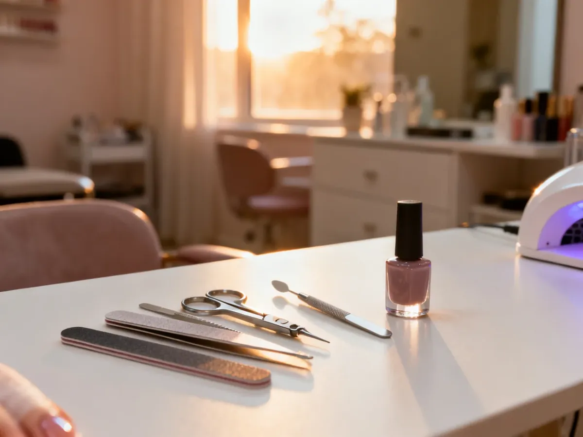 Profesjonalne narzędzia do manicure na białym stole, przygotowane do naprawy hybrydy w salonie kosmetycznym.