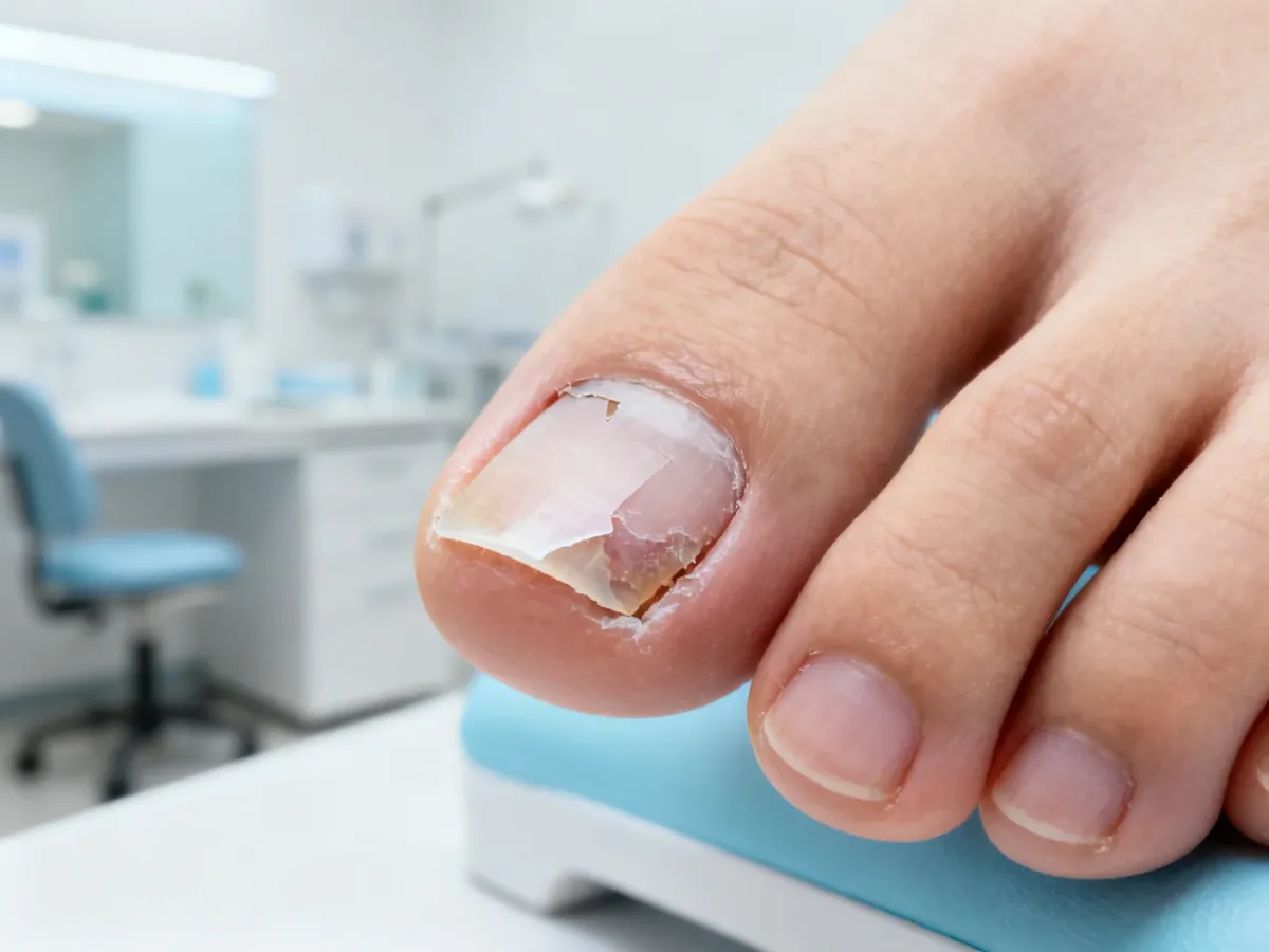 Zbliżenie na paznokieć z widoczną onycholizą, ukazujące oddzielenie płytki od łożyska w profesjonalnym ujęciu klinicznym.