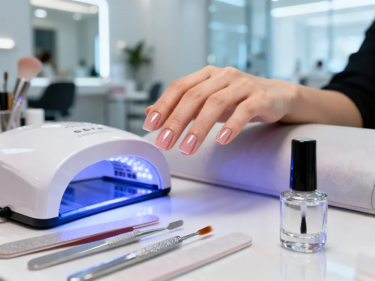 Zadbana dłoń z profesjonalnie utwardzonymi żelem paznokciami na tle akcesoriów do manicure w salonie kosmetycznym.