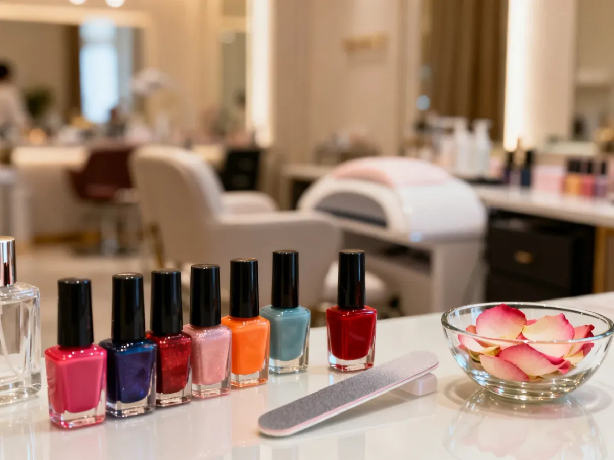 Profesjonalne stanowisko do manicure z lakierami, pilnikiem i płatkami róż w eleganckim salonie kosmetycznym.