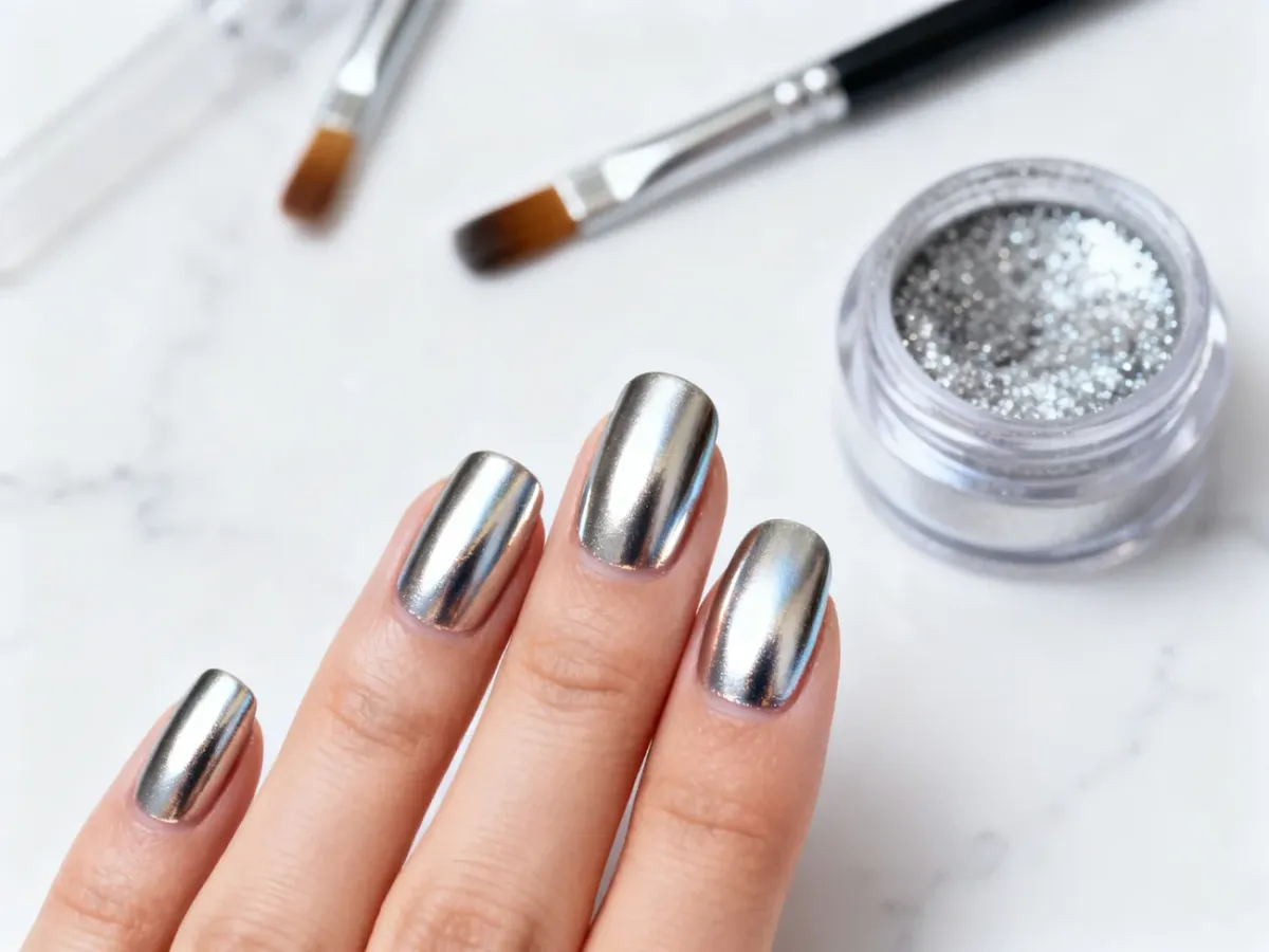 Dłoń z idealnym metalicznym manicure o lustrzanym wykończeniu oraz profesjonalne akcesoria do stylizacji paznokci.