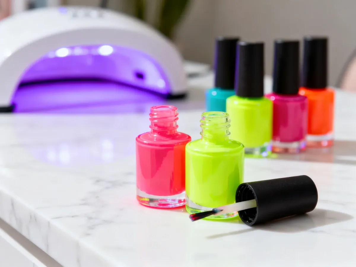 Kolorowe lakiery hybrydowe Neonail na marmurowym blacie obok włączonej lampy do manicure.