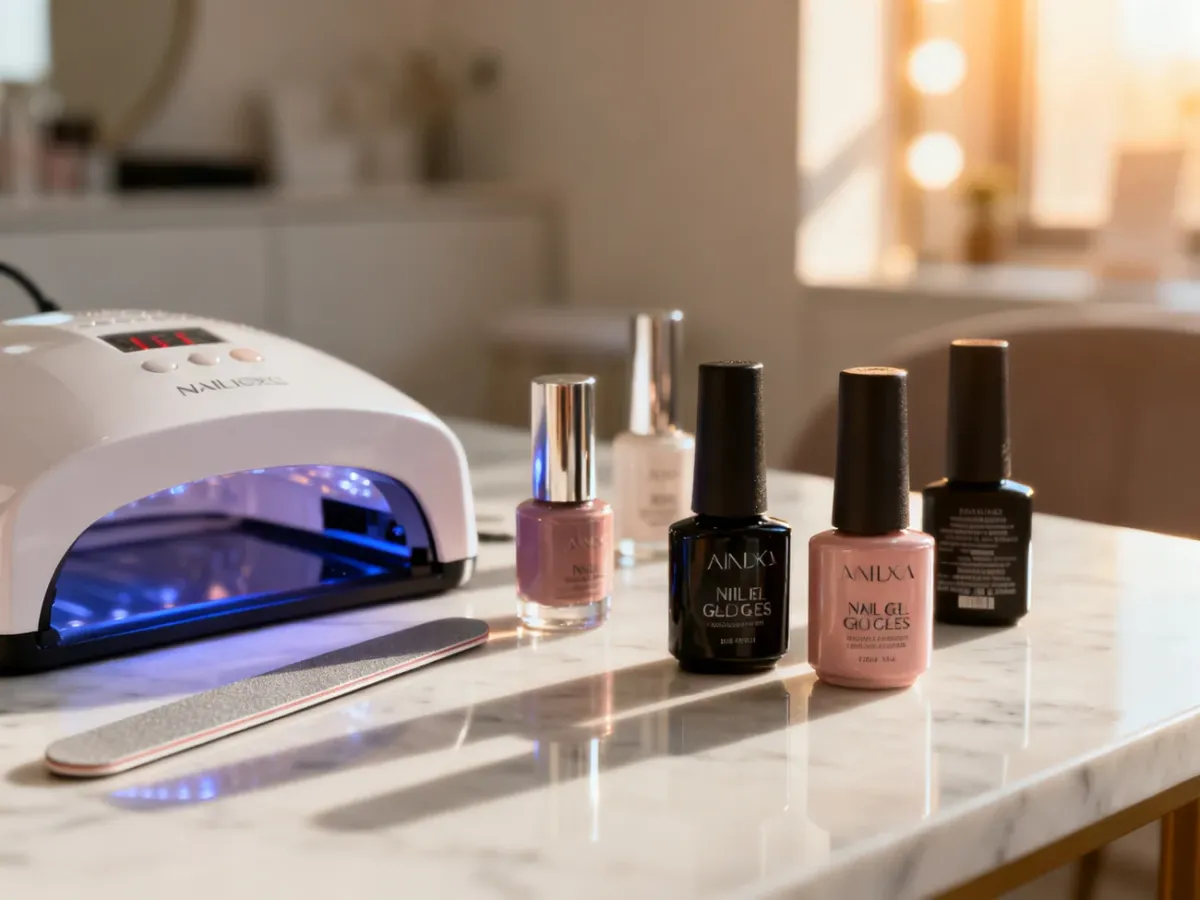 Profesjonalne narzędzia do manicure, lampa UV i lakiery hybrydowe przygotowane na marmurowym blacie w salonie kosmetycznym.