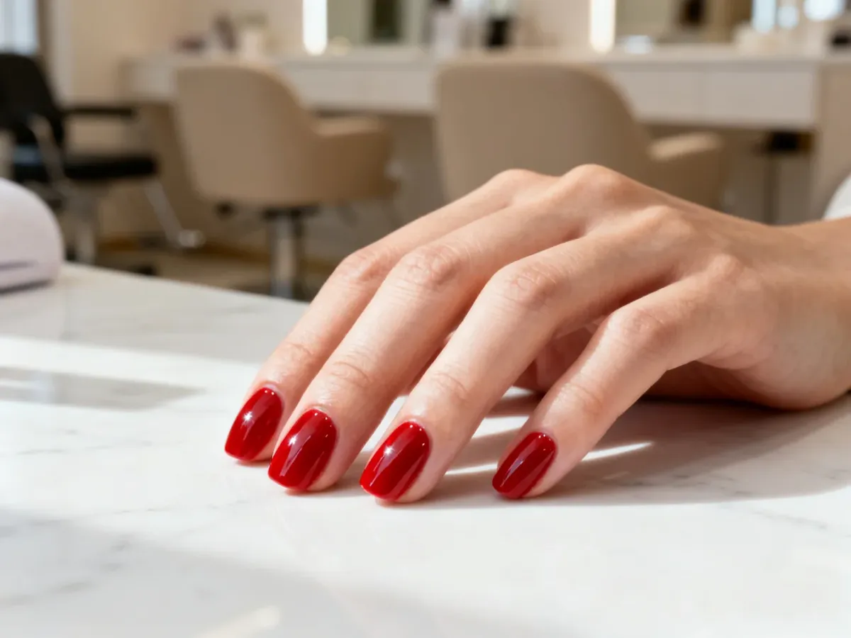 Dłoń z eleganckim, czerwonym manicure na marmurowym blacie, prezentująca profesjonalne wykończenie paznokci.