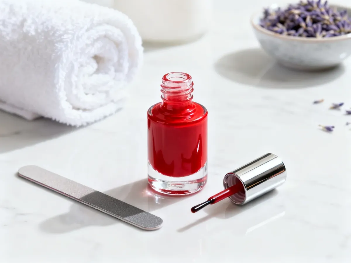 Profesjonalny zestaw do pedicure z czerwonym lakierem i pilnikiem na marmurowym blacie w klimacie spa.