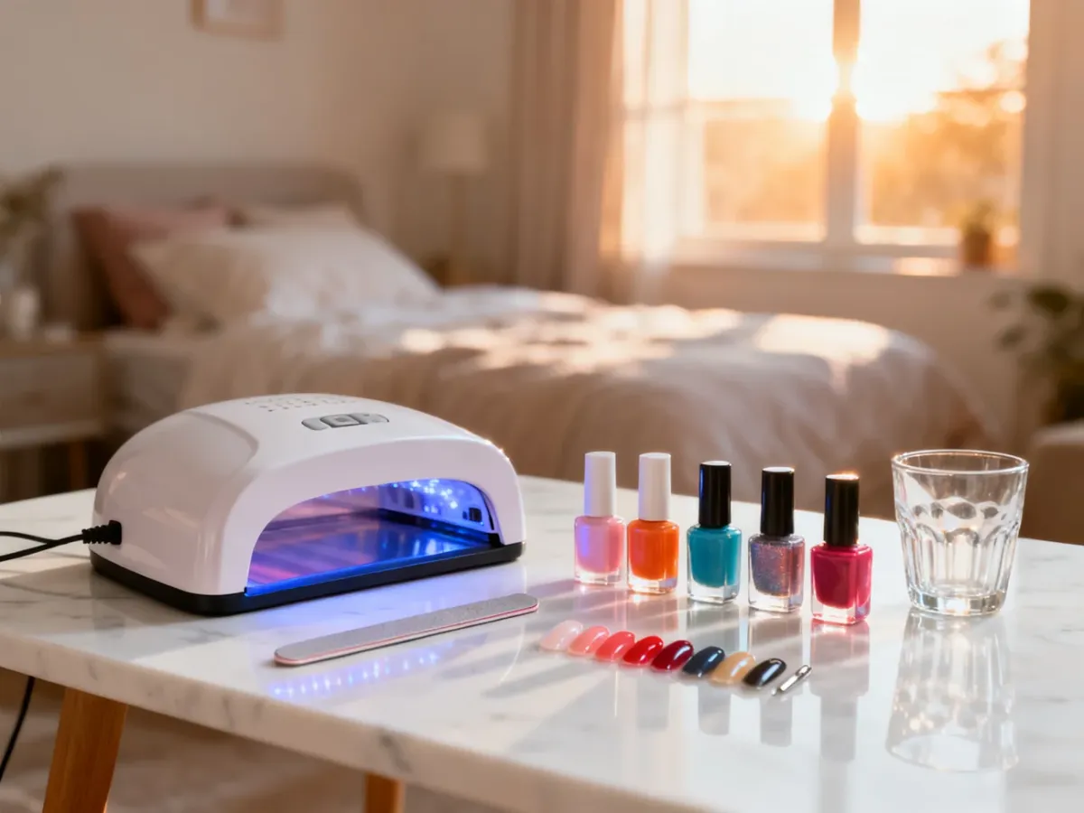 Zestaw do manicure hybrydowego z lampą UV, lakierami i akcesoriami na marmurowym stole w przytulnym wnętrzu.