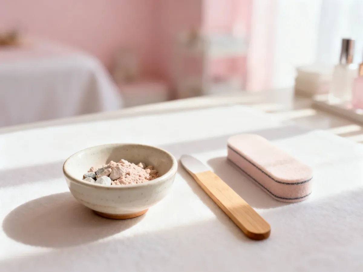 Zestaw profesjonalnych narzędzi do pedicure japońskiego: ceramiczna miseczka z pudrem, drewniany patyczek i polerka.