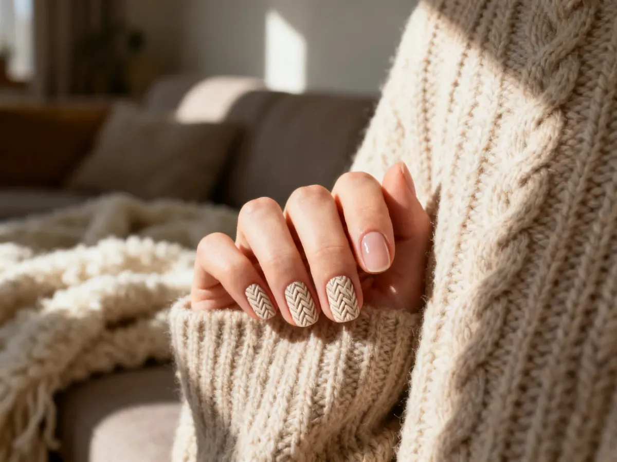Dłoń z manicure w stylu sweterkowym na tle dzianinowego splotu w ciepłym, porannym świetle.