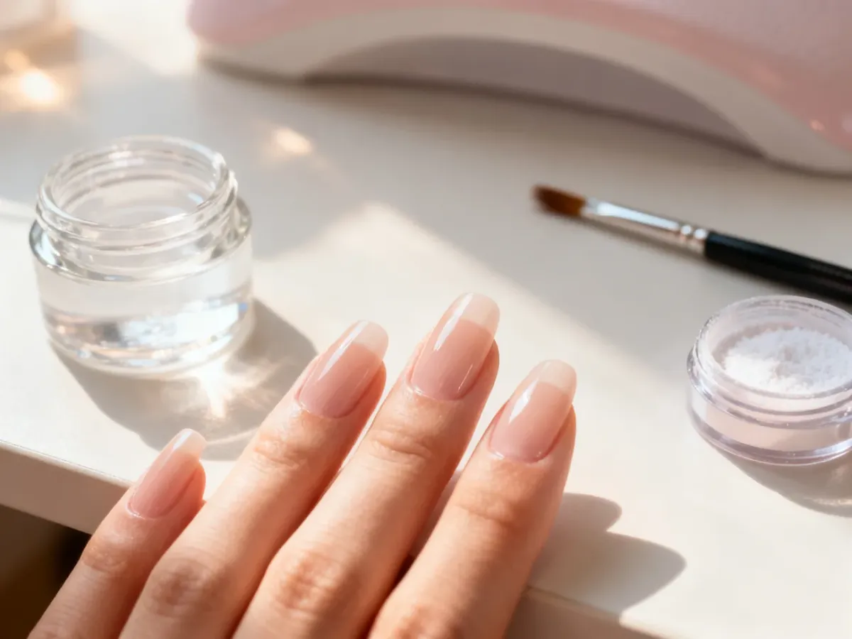 Zadbane paznokcie w otoczeniu żelu oraz akrylu z pędzelkiem, ilustrujące profesjonalne metody stylizacji manicure.